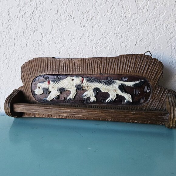 Vintage 30s Handmade Signed Hunting Dog Wooden Primitive Wall Hanging Tie Rack - Picture 1 of 5